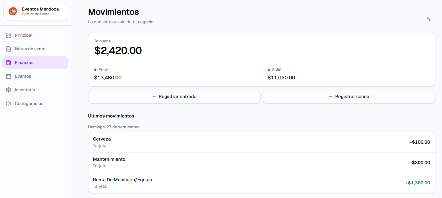 Pantalla de movimientos con entradas, salidas y balance