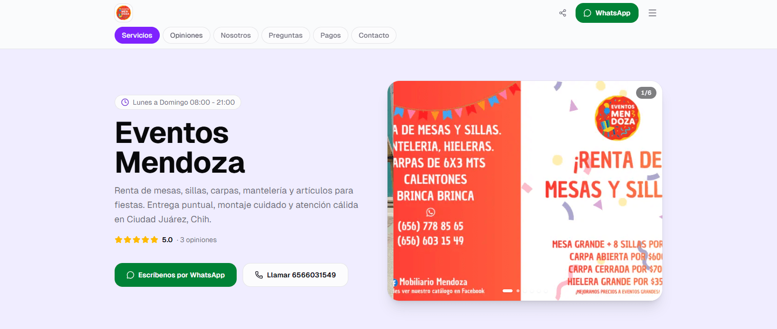 Página pública de un negocio hecha con Changarro OS: nombre, horario, fotos, opiniones y botones de contacto